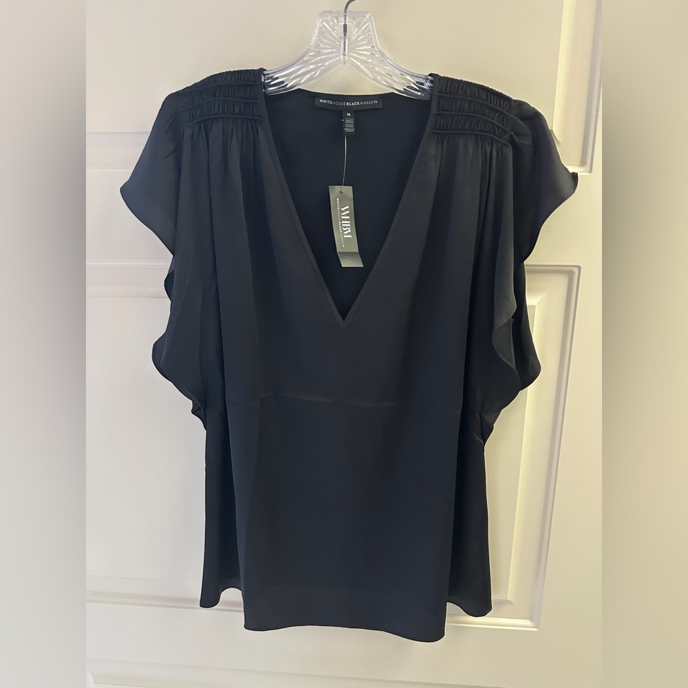 White House | Black Market Sleeveless Flutter Blouse in Black Satin NWT